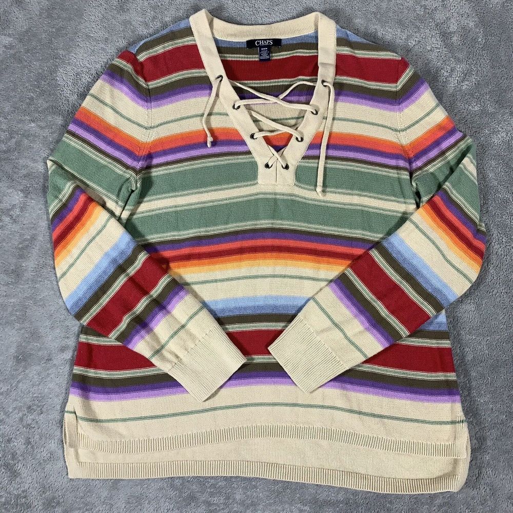 Chaps Rainbow Colorful Striped Knit Sweater Size Medium Women’s - Picture 1 of 11